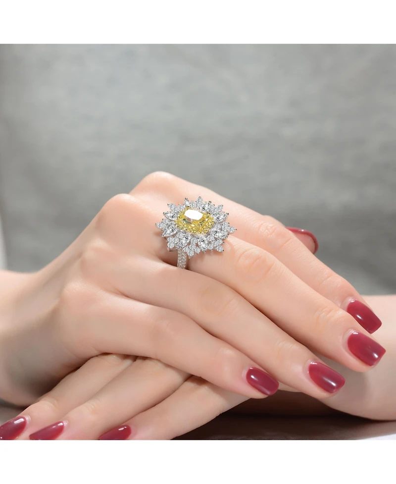 Sterling Silver White Gold Plated Yellow Radiant with Clear Cubic Zirconia Halo Ring