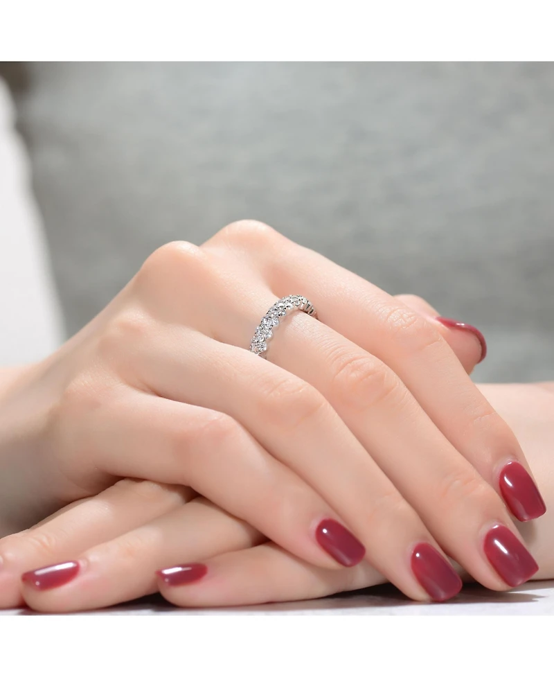 Sterling Silver with Rhodium Plated Clear Round Cubic Zirconia Curved Eternity Ring