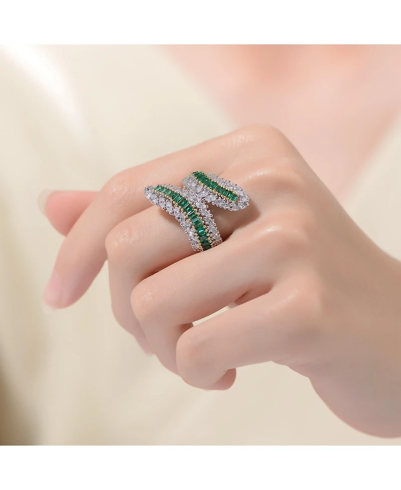 Sterling Silver Rhodium Plated with Green Cubic Zirconia Bypass Ring