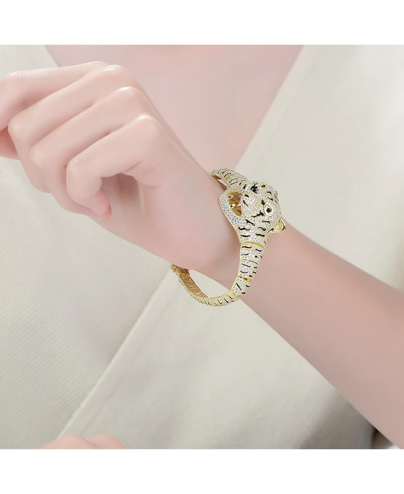 14k Yellow Gold Plated with Cubic Zirconia Leopard Bangle Bracelet in Sterling Silver