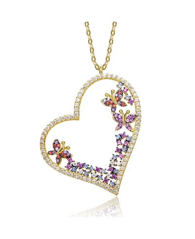 Teens Sterling Silver 14K Gold Plated Multi Colored Cubic Zirconia Heart Necklace