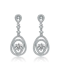 Sterling Silver with Rhodium Plated Clear Round Cubic Zirconia Double Pear Drop Earrings