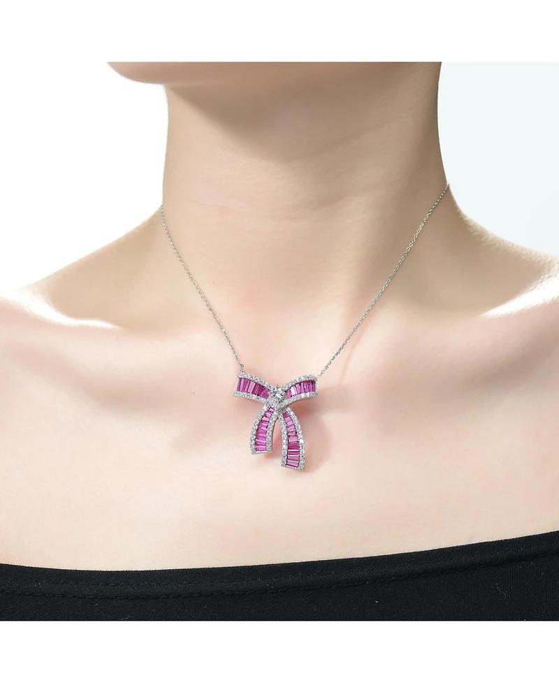 Gv Sterling Silver with Rhodium Plated and Cubic Zirconia Bowtie Necklace