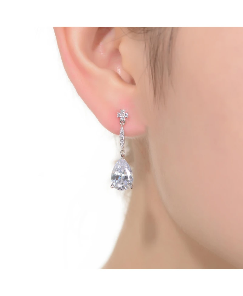Sterling Silver with Rhodium Plated Clear Pear Cubic Zirconia Solitaire with Accent Drop Earrings