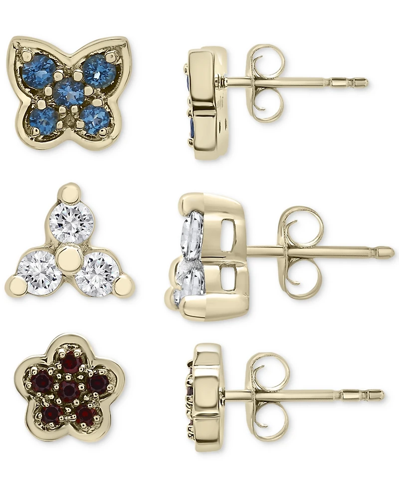 3-Pc. Set London Blue Topaz (1/3 ct. t.w.), Lab-grown White Sapphire (1/3 ct. t.w.) & Garnet (1/4 ct. t.w.) Stud Earrings in 14k Gold-Plated Sterling