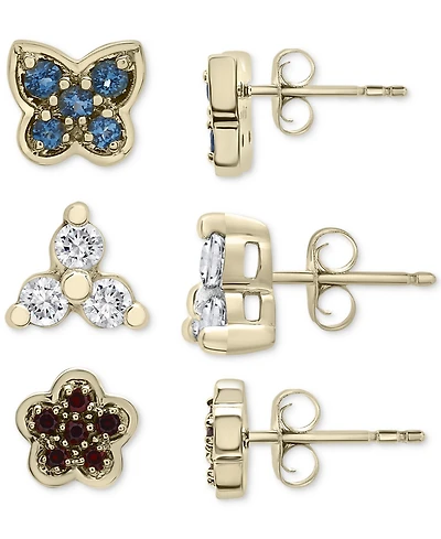 3-Pc. Set London Blue Topaz (1/3 ct. t.w.), Lab-grown White Sapphire (1/3 ct. t.w.) & Garnet (1/4 ct. t.w.) Stud Earrings in 14k Gold-Plated Sterling