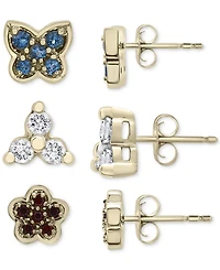 3-Pc. Set London Blue Topaz (1/3 ct. t.w.), Lab-grown White Sapphire (1/3 ct. t.w.) & Garnet (1/4 ct. t.w.) Stud Earrings in 14k Gold-Plated Sterling