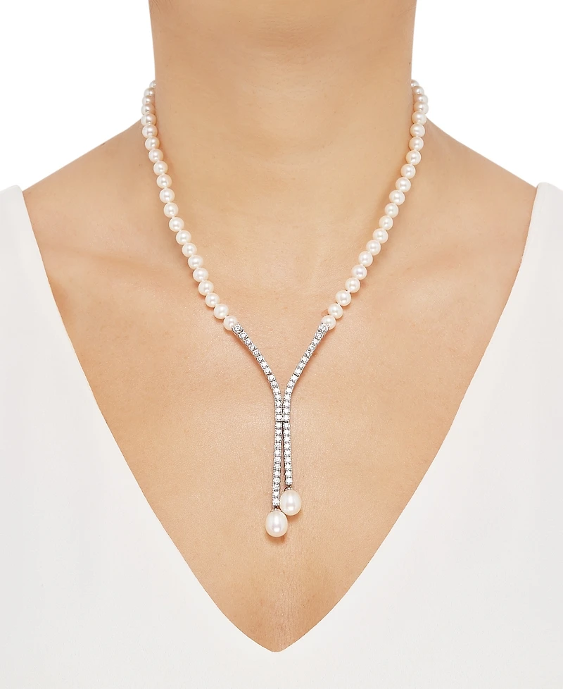 Arabella Cultured Freshwater Pearl (5mm & 10 x 8mm) & Cubic Zirconia Lariat Necklace in Sterling Silver, Created for Macy's
