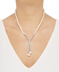 Arabella Cultured Freshwater Pearl (5mm & 10 x 8mm) & Cubic Zirconia Lariat Necklace in Sterling Silver, Created for Macy's