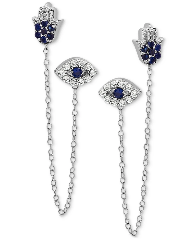 Lab-grown Blue Sapphire (1/4 ct. t.w.) & Lab-grown White Sapphire (1/4 ct. t.w.) Evil Eye & Hamsa Hand Double Pierced Chain Earrings in Sterling Silve