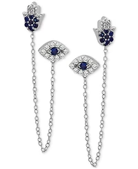 Lab-grown Blue Sapphire (1/4 ct. t.w.) & Lab-grown White Sapphire (1/4 ct. t.w.) Evil Eye & Hamsa Hand Double Pierced Chain Earrings in Sterling Silve