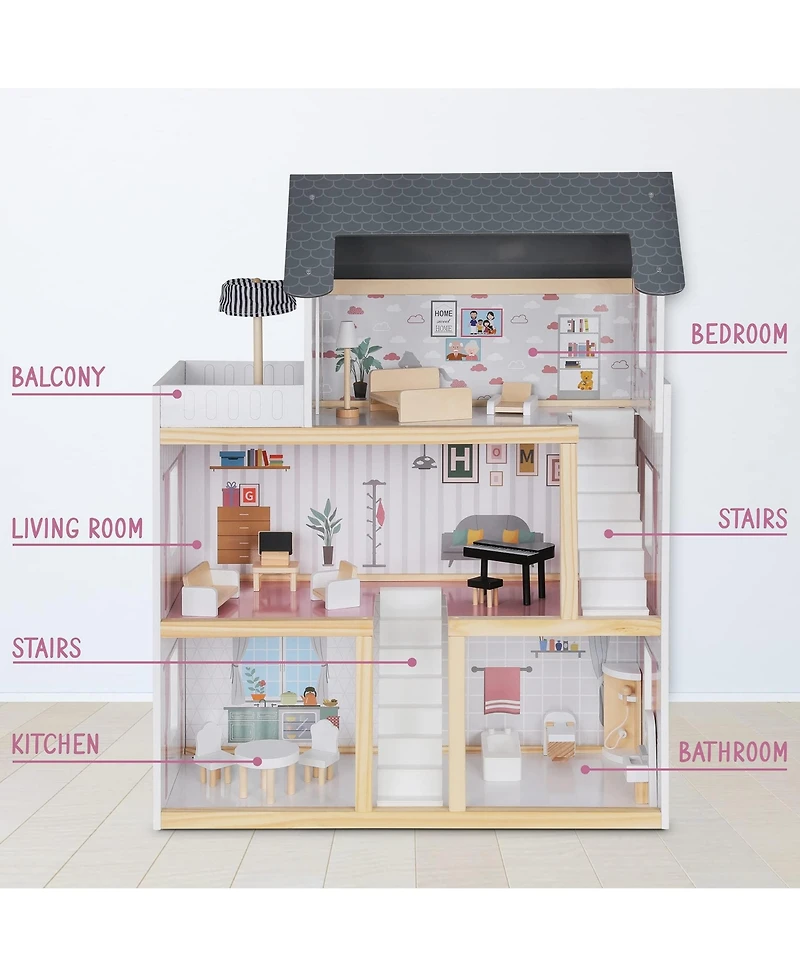 Lil' Jumbl Lil Jumbl Kids 3-Floor, 17-Piece Wooden Dollhouse with 2 Staircases