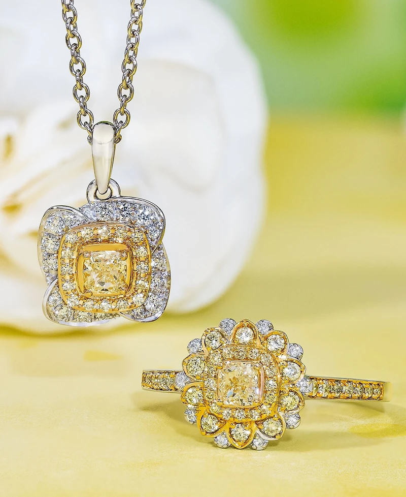 Le Vian Sunny Yellow Diamond (1/4 ct. t.w.) & Vanilla Diamond (1/6 ct. t.w.) Double Halo 18" Pendant Necklace in Platinum & 14k Gold