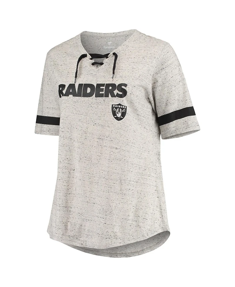 Women's Heathered Gray Las Vegas Raiders Plus Size Lace-Up V-Neck T-shirt