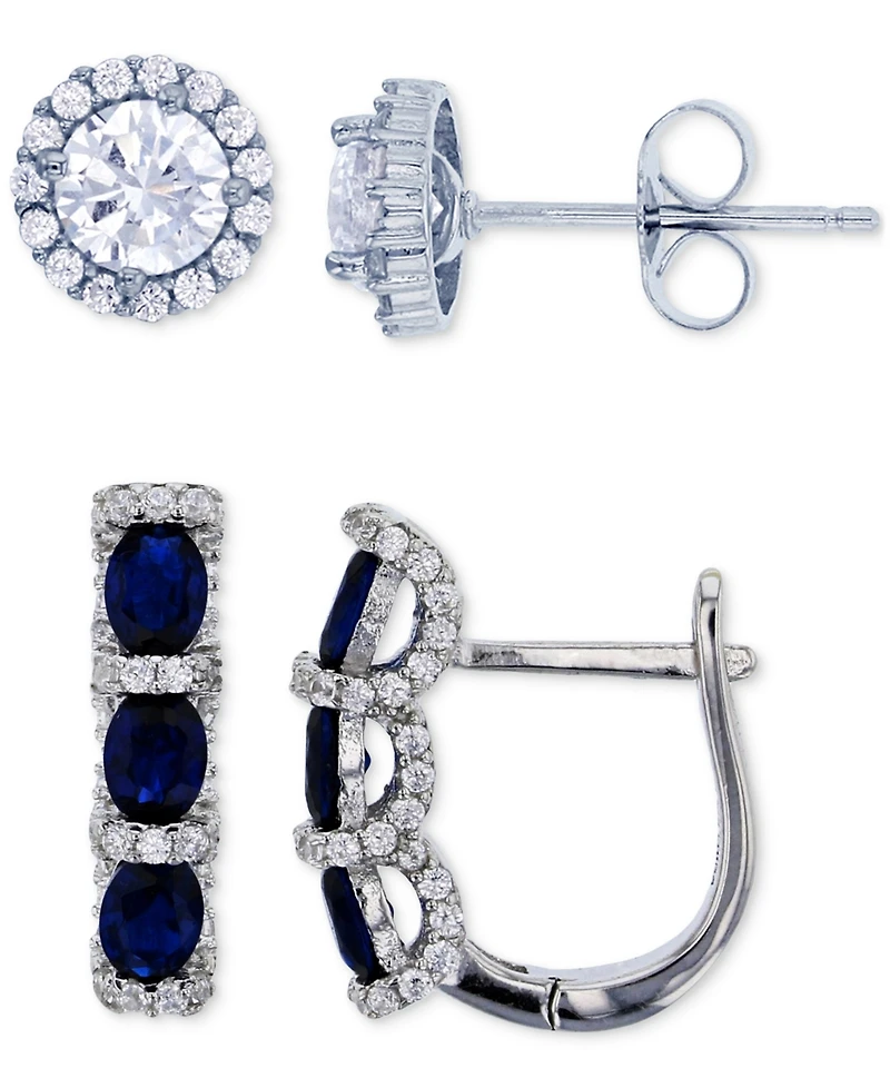 2-Pc. Set Lab-Grown Spinel (2 ct. t.w.) & Cubic Zirconia Halo Stud Three Stone Leverback Earrings Sterling Silver (Also Green