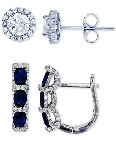 2-Pc. Set Lab-Grown Spinel (2 ct. t.w.) & Cubic Zirconia Halo Stud Three Stone Leverback Earrings Sterling Silver (Also Green