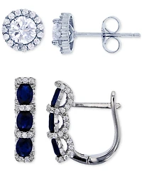 2-Pc. Set Lab-Grown Spinel (2 ct. t.w.) & Cubic Zirconia Halo Stud Three Stone Leverback Earrings Sterling Silver (Also Green