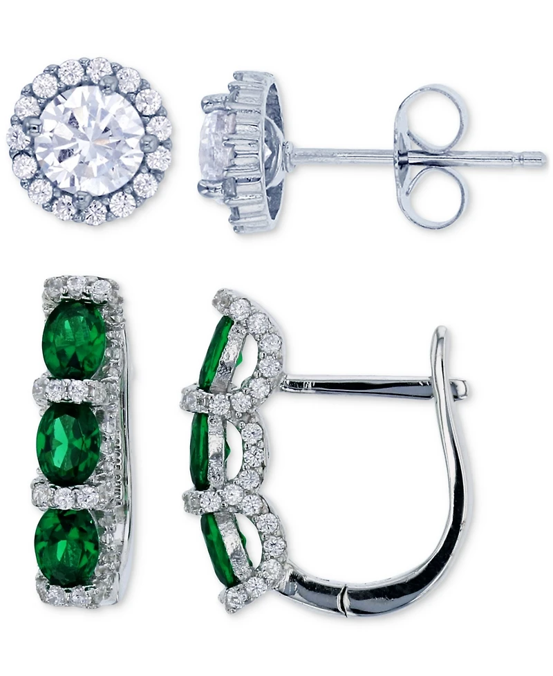 2-Pc. Set Lab-Grown Spinel (2 ct. t.w.) & Cubic Zirconia Halo Stud Three Stone Leverback Earrings Sterling Silver (Also Green