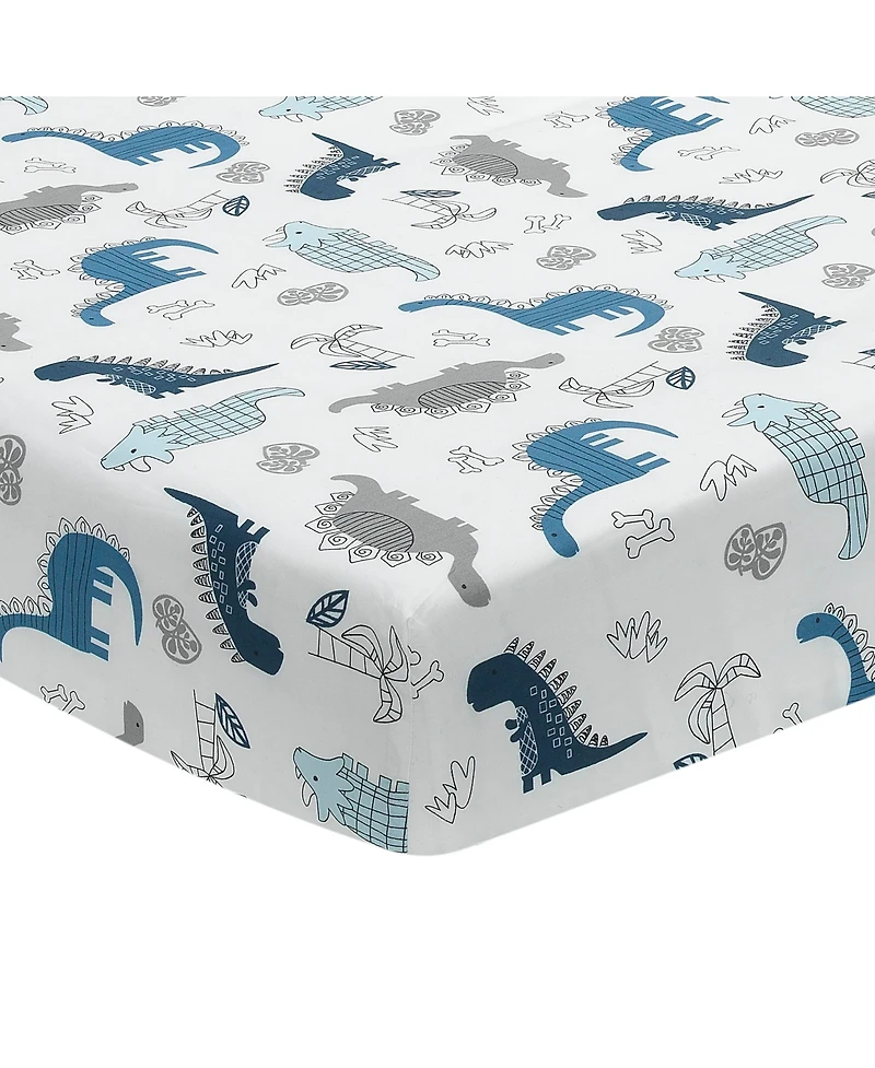 Lambs & Ivy Baby Dino 100% Cotton Blue/White/Gray Dinosaur Fitted Crib Sheet