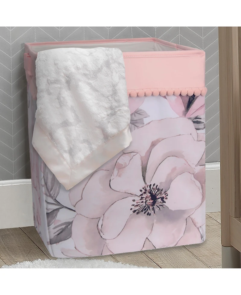 Lambs & Ivy Signature Botanical Baby Watercolor Floral Storage/Hamper - Pink/Gray/White