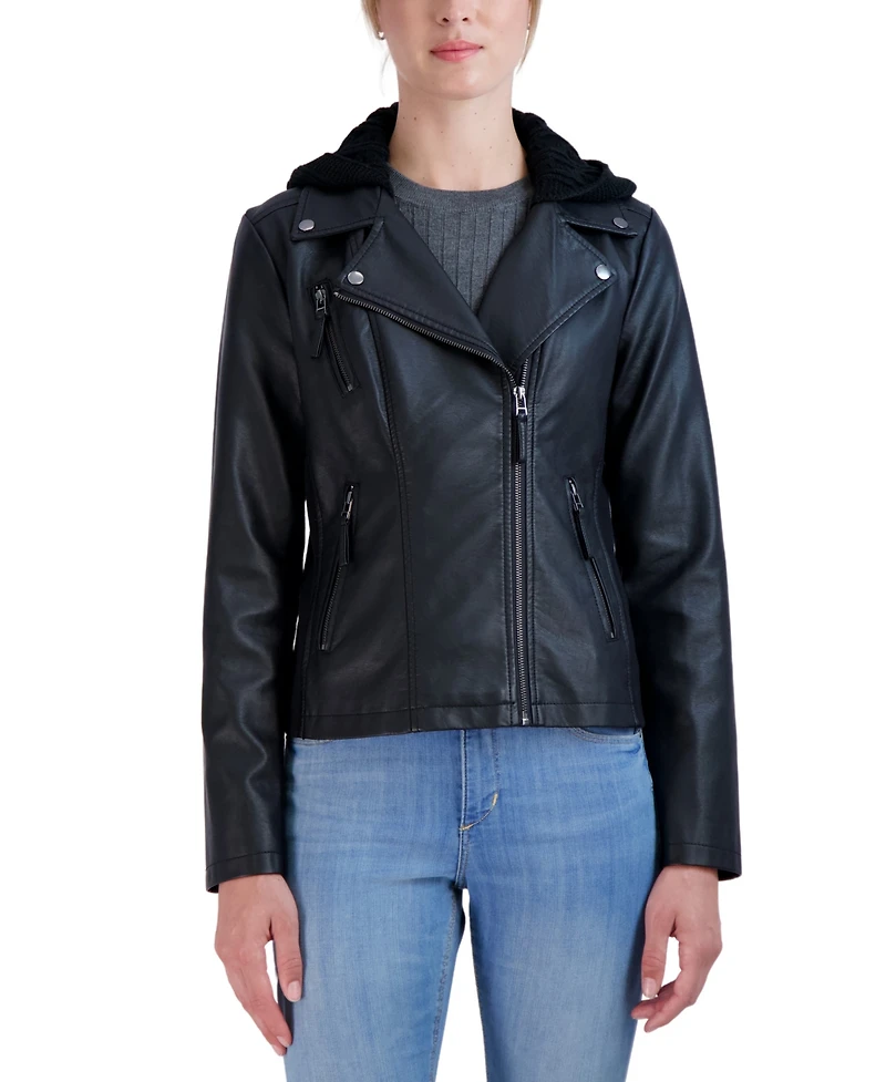 Sebby Collection Women's Hooded Faux Leather Moto Jacket