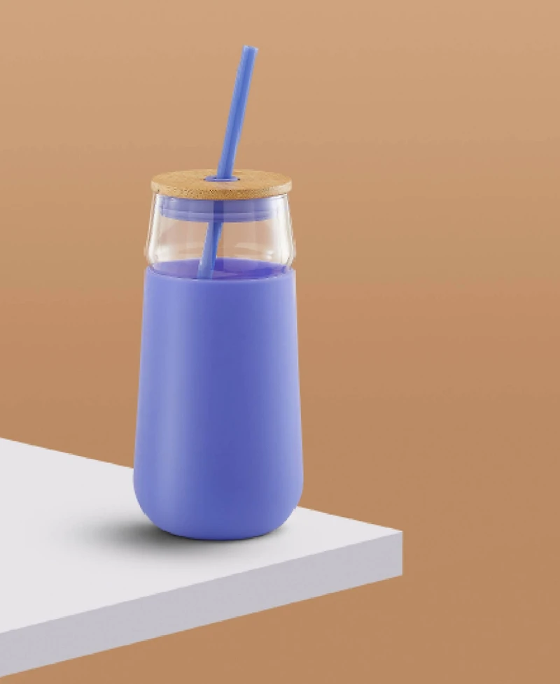 JoyJolt Glass Tumbler with 1 Straws Non Slip Silicone Sleeve Set, 20oz