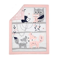 Lambs & Ivy Forever Friends White/Pink/Gray Woodland Fox/Owl 4-Piece Nursery Crib Baby Bedding Set
