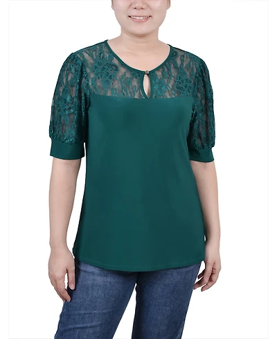 Women's Short Puff Sleeve Top with Lace Sleeves and Yoke