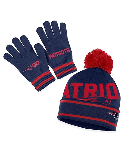 Women's Wear by Erin Andrews Navy New England Patriots Double Jacquard Cuffed Knit Hat with Pom and Gloves Set