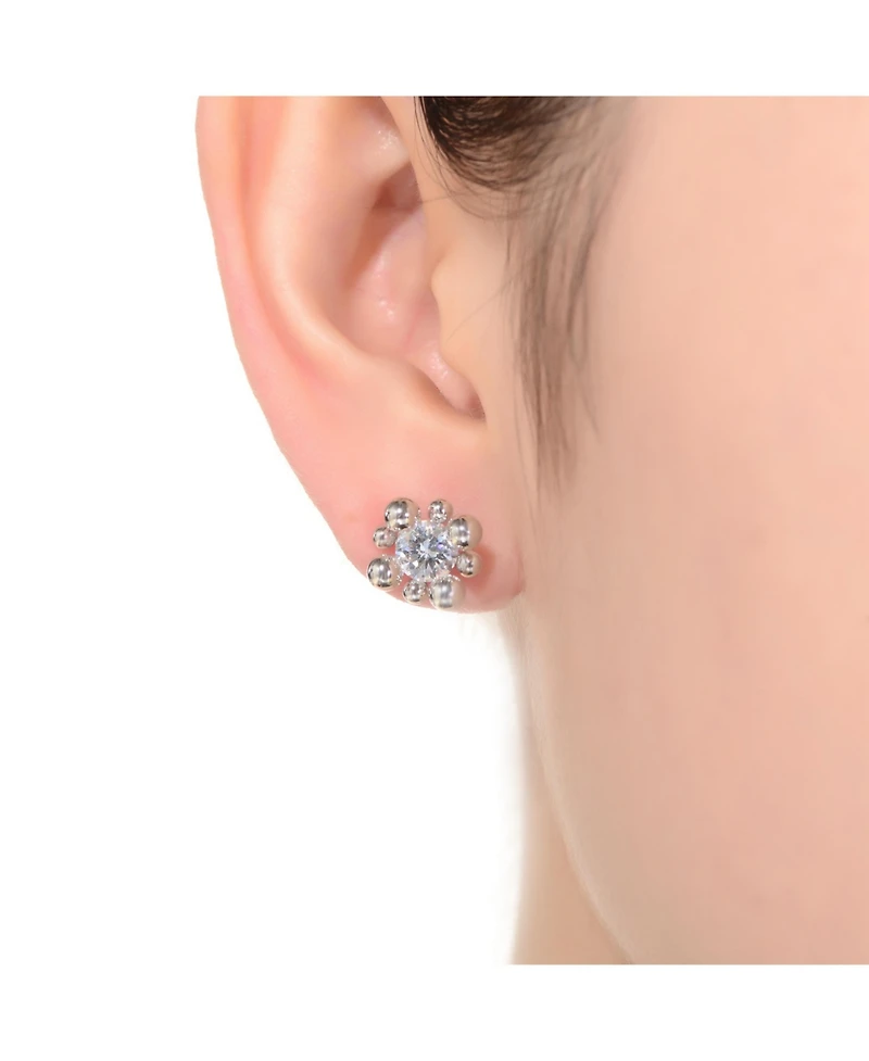 Gv Sterling Silver White Gold Balls with Clear Round Cubic Zirconia Stud Earrings
