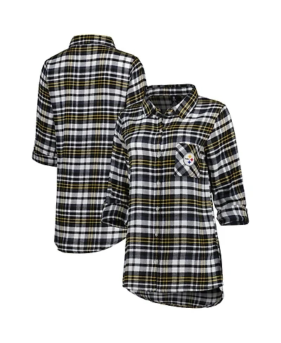 Women's Concepts Sport Black, Gold Pittsburgh Steelers Mainstay Flannel Full-Button Long Sleeve Nightshirt