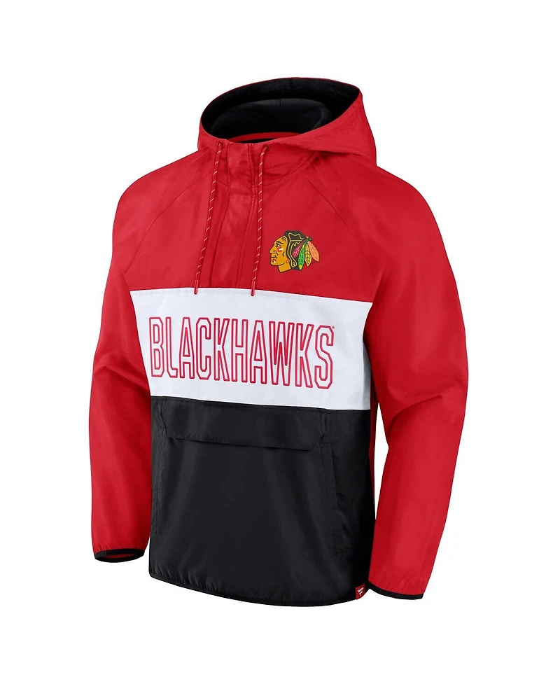 Men's Fanatics Red, Black Chicago Blackhawks Backhand Shooter Defender Anorak Raglan Hoodie Quarter-Zip Jacket