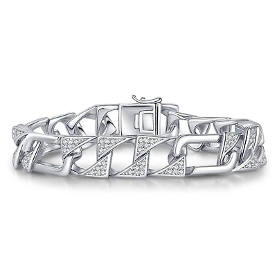 Men's Sterling Silver White Gold Plated with Iced Out Cubic Zirconia Mixed Cuban Chain Bracelet