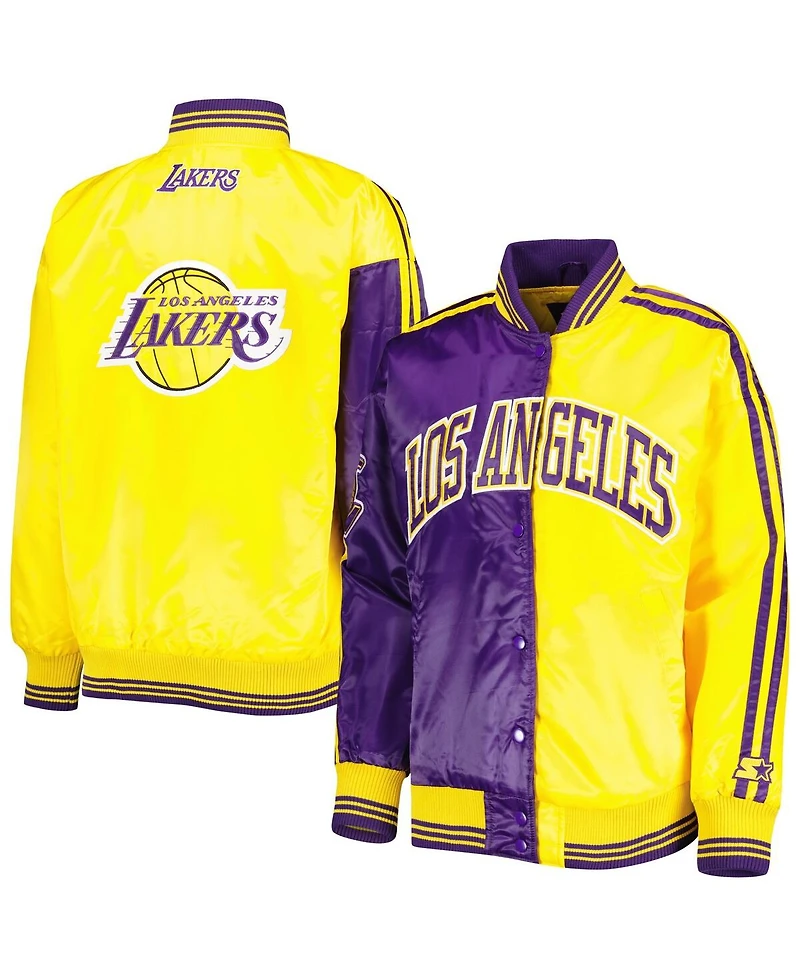 Women's Starter Purple, Gold Los Angeles Lakers Split Colorblock Satin Full-Snap Varsity Jacket