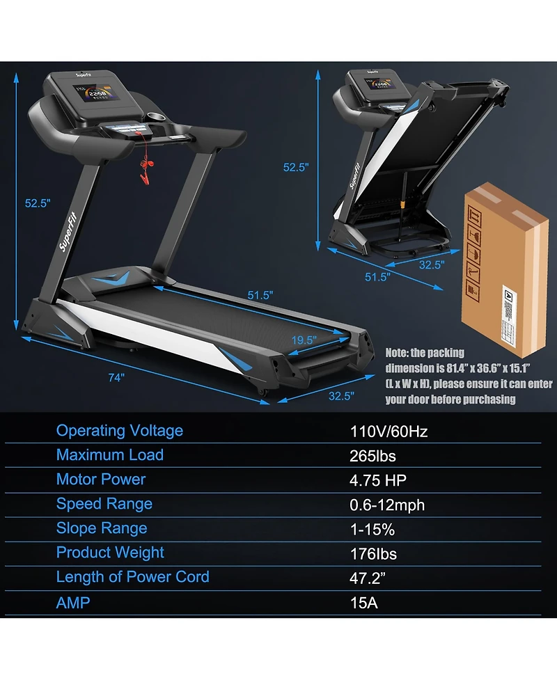 4.75HP Electric Folding Treadmill W/App Auto Incline Preset Programs Speakers