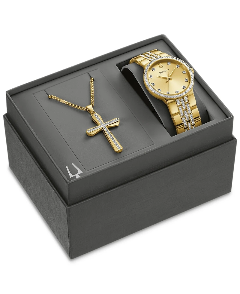 Bulova Men's Crystal Gold-Tone Stainless Steel Bracelet Watch 40mm & Necklace Box Set