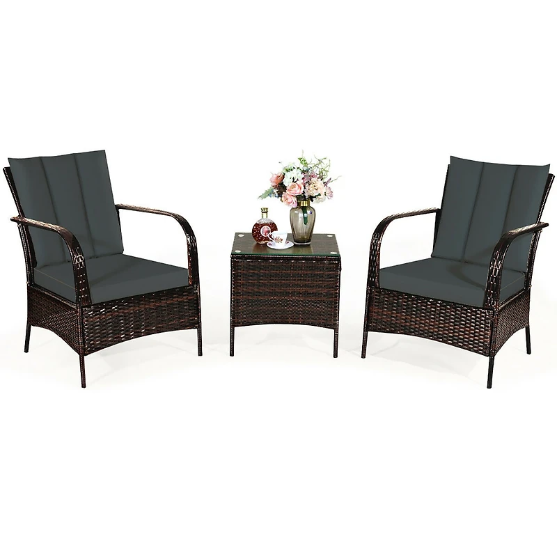 3 Pcs Patio Rattan Furniture Set Coffee Table & 2 Rattan Chair