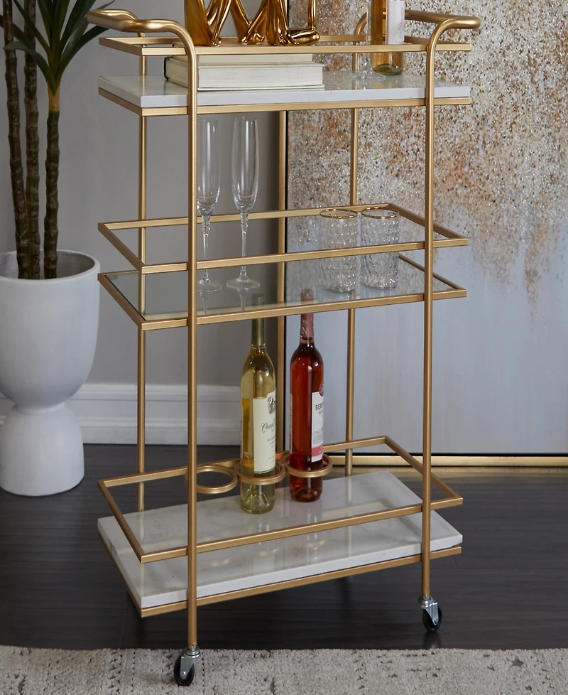 Rosemary Lane 27" x 13" x 33" Marble Rolling 1 Glass and 2 Marble Shelves with Handles Bar Cart