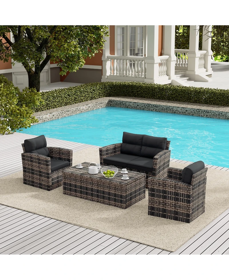 WestinTrends 4-Piece Pe Rattan Wicker Conversation Sofa Set with Cushions