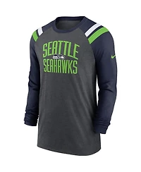 Men's Nike Heathered Charcoal, College Navy Seattle Seahawks Tri-Blend Raglan Athletic Long Sleeve Fashion T-shirt