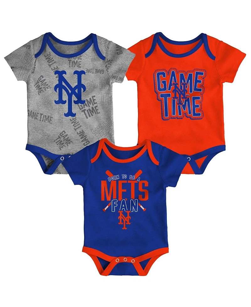 Newborn and Infant Boys and Girls New York Mets Royal, Orange, Heathered Gray Game Time Three-Piece Bodysuit Set