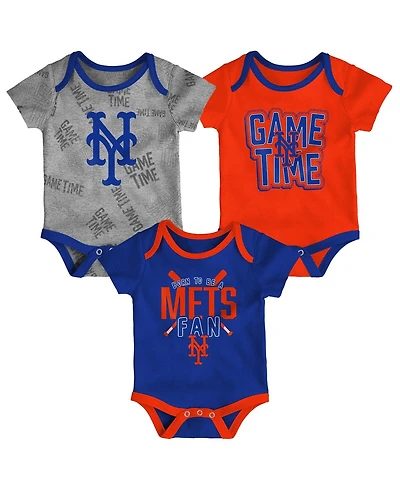 Newborn and Infant Boys and Girls New York Mets Royal, Orange, Heathered Gray Game Time Three-Piece Bodysuit Set