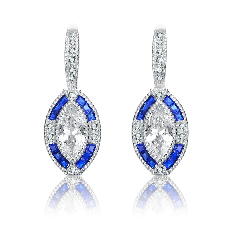 Sterling Silver with White Gold Plated and Blue Cubic Zirconia Leverback Earrings