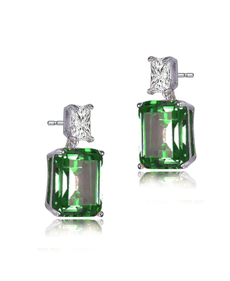 Sterling Silver White Gold Plated Clear and Colored Cubic Zirconia Two-Stone Drop Earrings