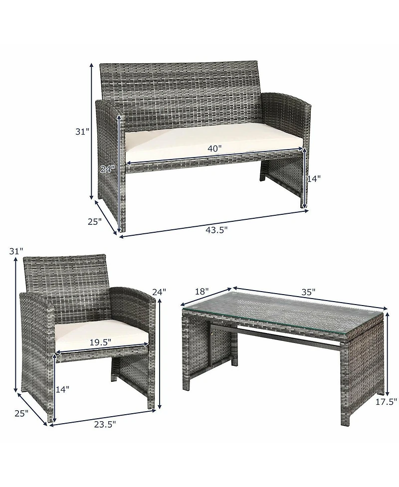 4PCS Patio Rattan Furniture Set Conversation Glass Table Top
