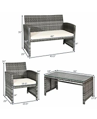 4PCS Patio Rattan Furniture Set Conversation Glass Table Top