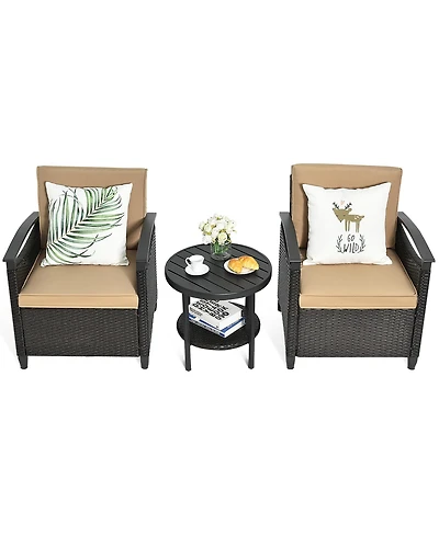 3PCS Patio Rattan Furniture Set Cushioned Sofa Storage Table W/ Shelf Garden