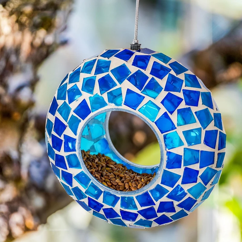 Outdoor Garden Patio Round Glass with Mosaic Design Hanging Fly-Through Bird Feeder - 6"
