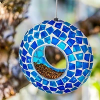 Outdoor Garden Patio Round Glass with Mosaic Design Hanging Fly-Through Bird Feeder - 6"