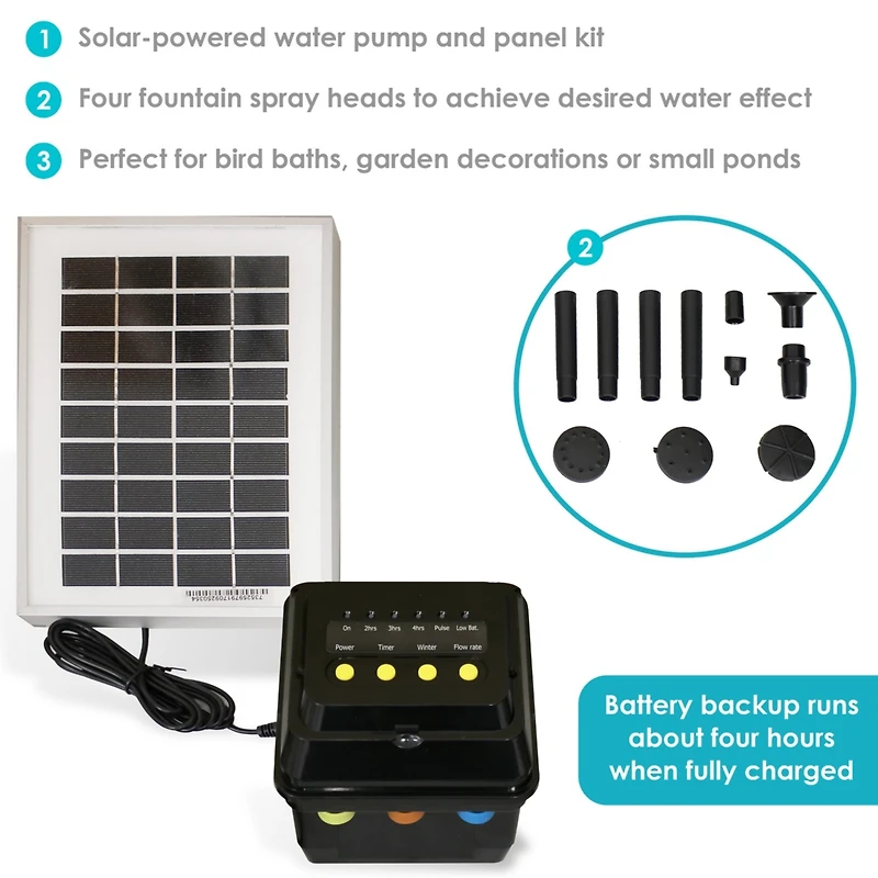 Sunnydaze Decor 66 Gph Solar Water Fountain Pump and Solar Panel Kit with Battery Pack and Led Light - 36-Inch Lift